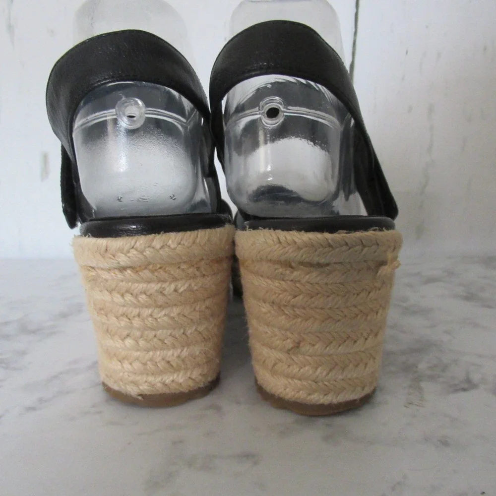 Eileen Fisher Sandals 8.5 Black Leather Wedge Espadrille Adjustable Ankle Strap